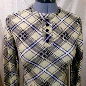 New Tartan Plaid Dressy T-shirt top XS Khaki Beige Black crew neck Doubleknit LS